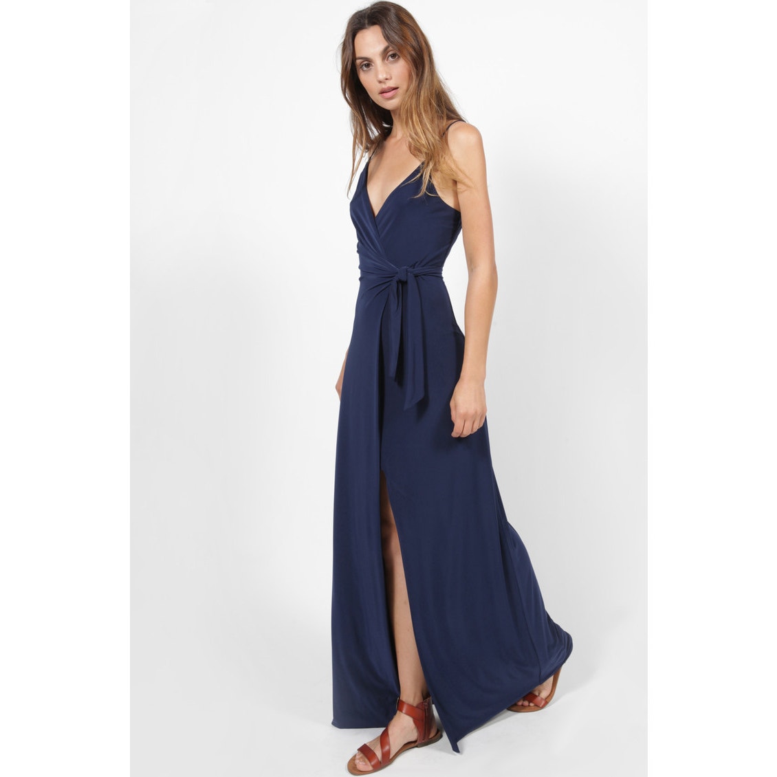 Misa Los Angeles Navy Veronkia Wrap Maxi Dress Small New
